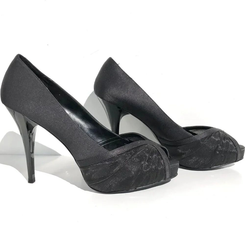 Zara Collection peep toe heels 37 black satin patent platform pump evening party